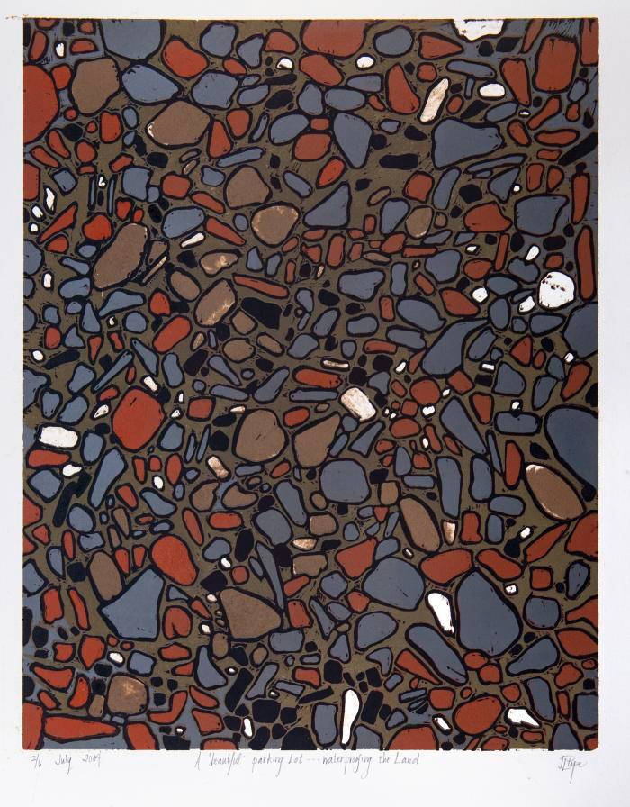 Composites of rocks/gravel. Grey, orange, brown and white.